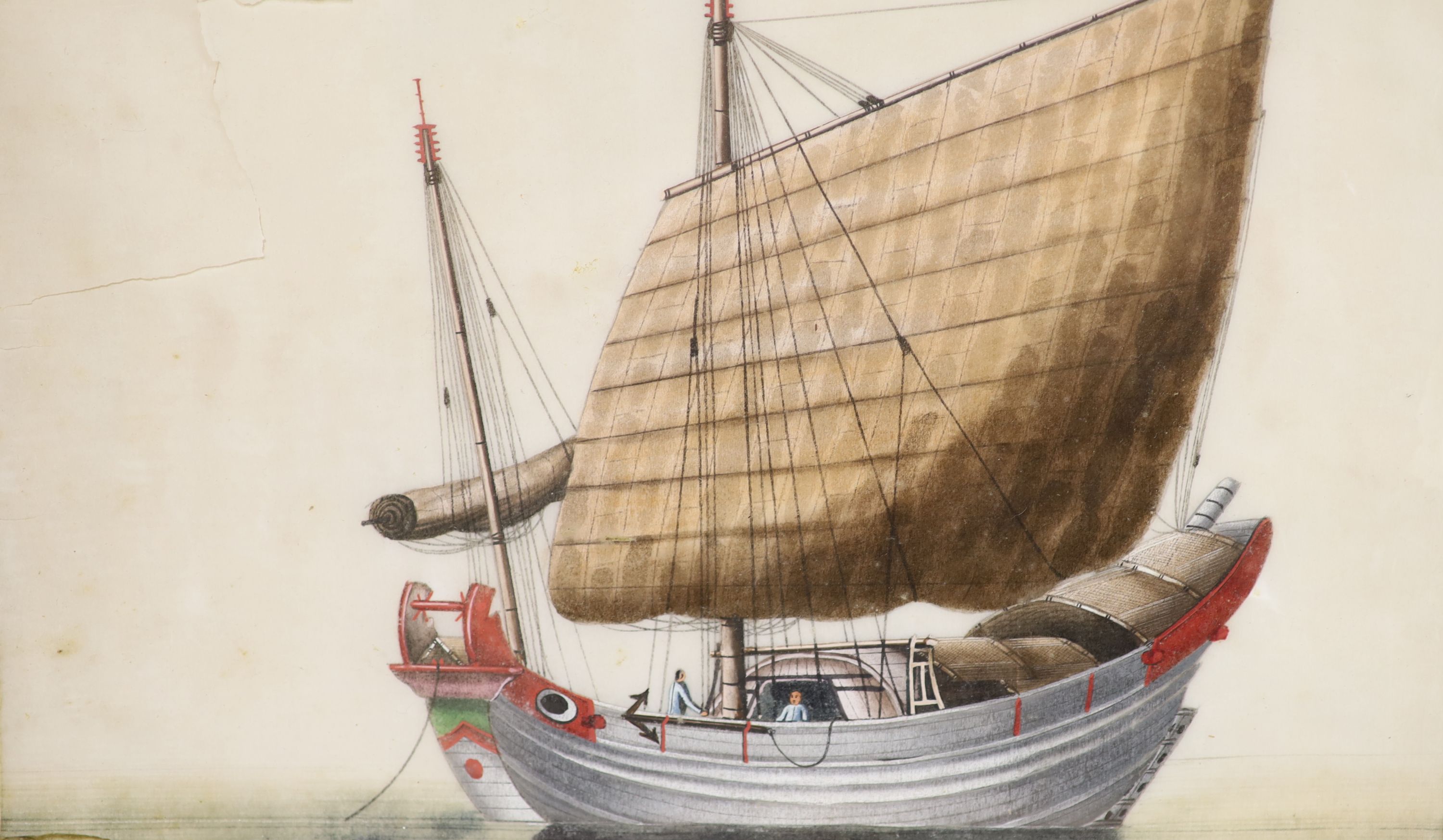 19th century Chinese School, gouache on pith paper, Junk at sea, 17 x 18cm and a pastel study by an English hand, 23 x 30cm